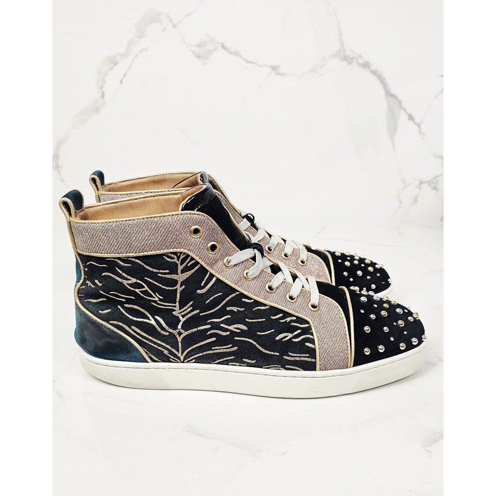 Christian Louboutin High Top Milkylou Sneakers Studded Blck Gold Suede Size 11.5 - Picture 4 of 11